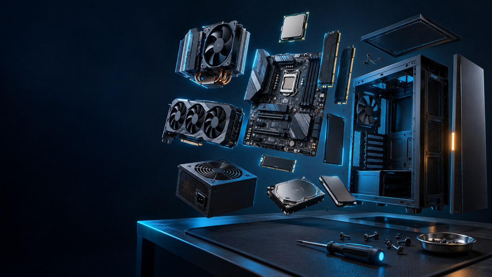 Concept illustration of an exploded desktop computer above a workbench