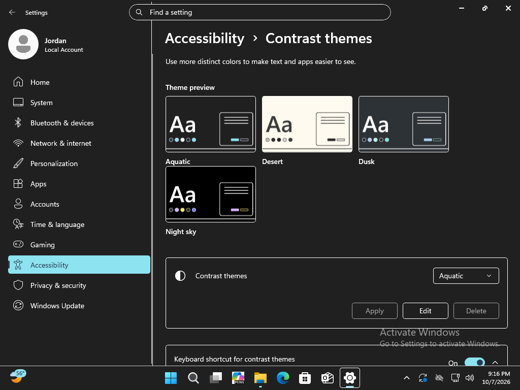 Windows Settings using the Aquatic contrast theme, with light text on a dark background and a cyan selection.