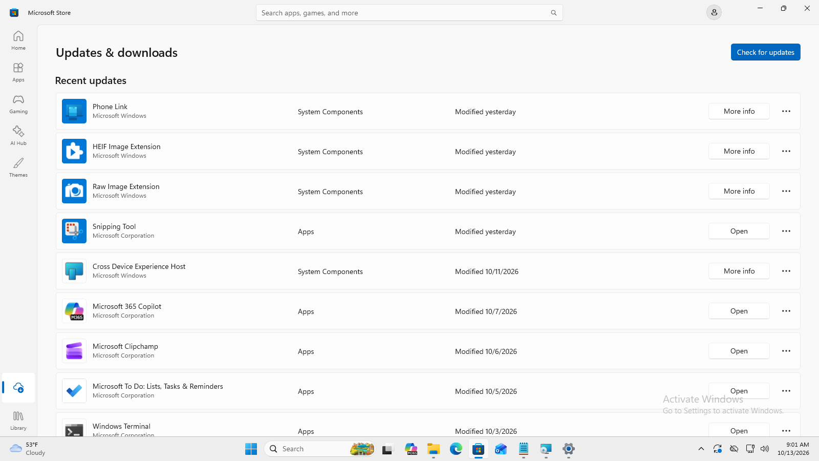 Microsoft Windows 11 Pro Microsoft Store at Updates and downloads. Check for updates and Recent updates are visible, including Microsoft Snipping Tool with an Open control.