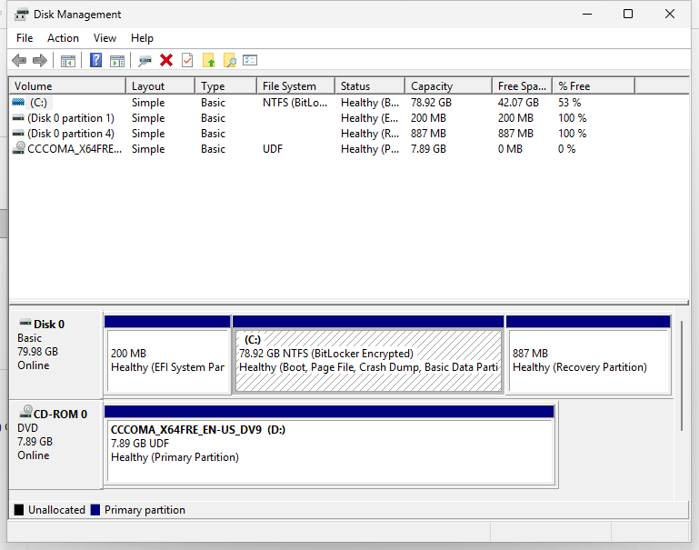 Disk Management before the practice disk exists. The existing Windows disk contains C:, EFI and recovery partitions; the installation DVD is also listed.