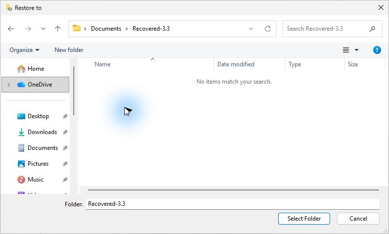 Complete Restore to folder chooser. The breadcrumb is Documents, Recovered-3.3; the folder is empty. The Folder field reads Recovered-3.3, with Select Folder and Cancel visible.