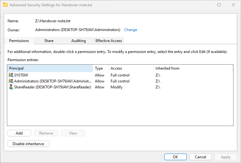Complete Microsoft Windows 11 Advanced Security Settings window for Handover-note.txt on mapped Z:. Administrators is the owner; the ShareReader Modify entry is inherited from Z:.