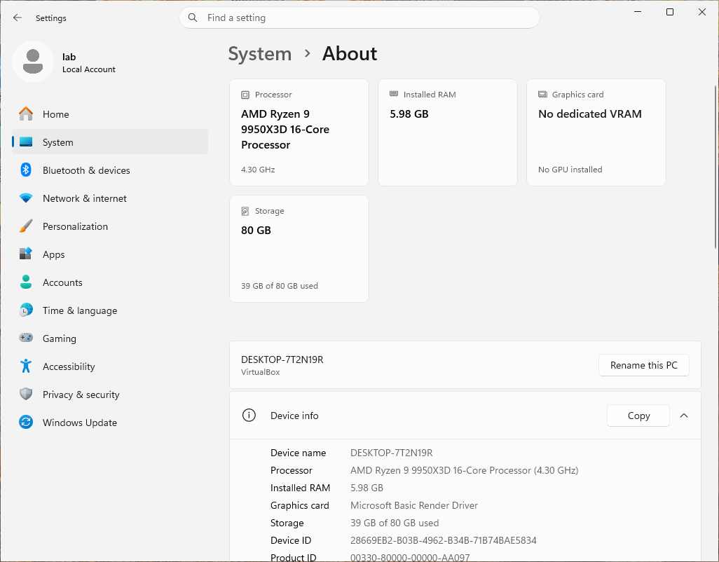Complete authentic Microsoft Windows 11 Settings window. System, About shows Device name DESKTOP-7T2N19R and the fictional local lab account.