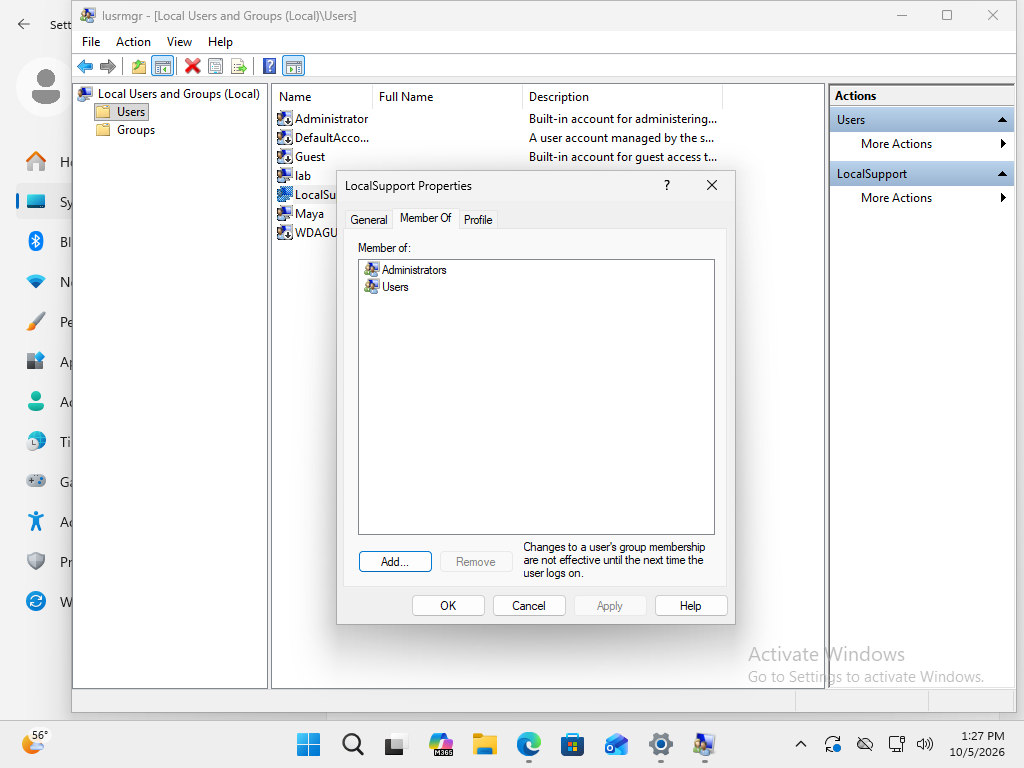 LocalSupport Properties, Member Of tab, lists Administrators and Users. Apply is disabled after the change was saved.