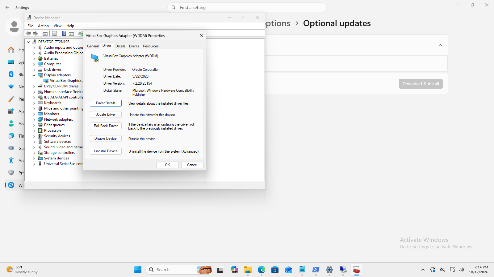VirtualBox Graphics Adapter Driver tab lists Oracle Corporation, September 22 2026 and version 7.2.20.25154.